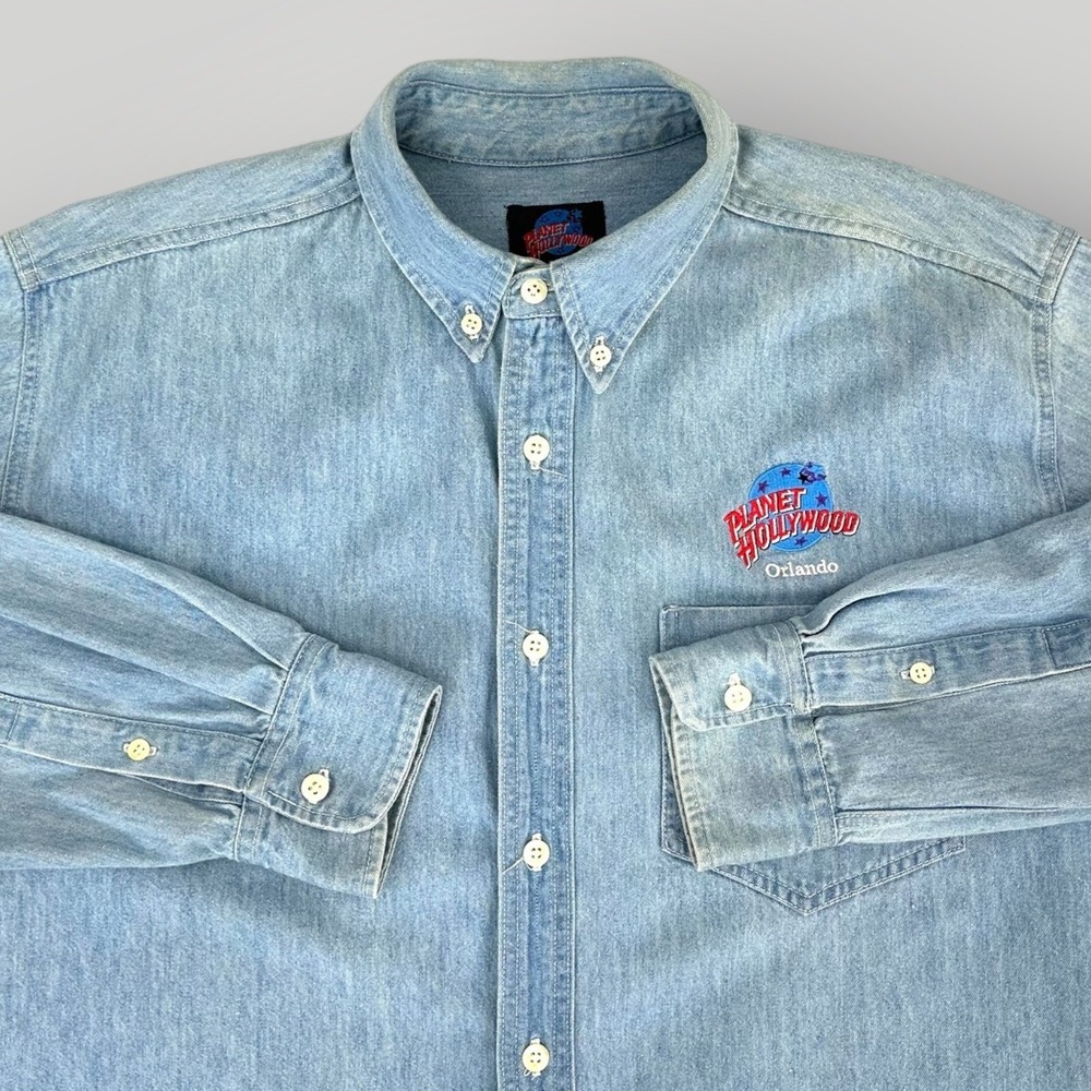 Vintage 90s Planet Hollywood Orlando Blue Denim Shirt Mens L Made in USA - Picture 3 of 6